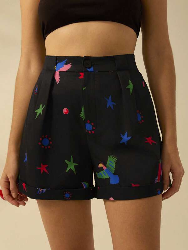 CAJUNI Women's A-Line Tropical Bird Print Black Casual Loose Boho Beach Shorts