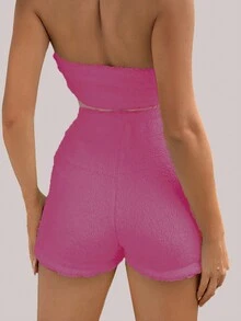 2 件套女士蓬松性感抹胸上衣和短裤套装 - 玫紅色 - 查看 2