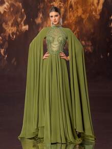 YISIKADO Váy dạ hội trang trọng maxi bằng vải chiffon pha lê sang trọng dành cho nữ có cổ đứng và tay dài, váy dự tiệc cưới, váy dạ hội, dành cho khách dự tiệc cưới, tốt nghiệp, tiệc tối - Màu xanh Ô liu - Xem 2