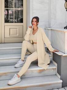 EURMUSE 3 Pieces Cable Knit Casual Long Cardigan Knitted Leggings And Knit Top Sweater Set - Beige - View 2