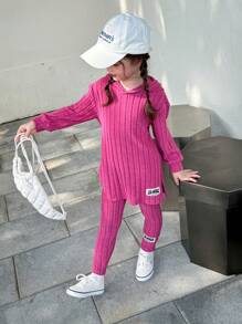 SHEIN Conjunto de 6 piezas para niña pequeña con vestido con capucha y leggings/pantalones, combinación de verde, rosa y morado, tela suave de felpa, ropa casual para uso diario y en casa para otoño/invierno - Morado - Ver 8