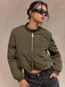 MISSGUIDED Áo khoác Bomber có đệm Mùa thu Đông Thời trang dạo phố Áo khoác thể thao có khóa kéo Chuyến bay Bóng chày Thường ngày Thời trang thể thao Chống gió Nhẹ Athleisure Hiện đại Đô thị - Màu xanh lá cây đậm - Xem 3