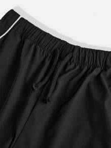SHEIN Tween Girl  Contrast Piping Drawstring Waist Wide Leg Cargo Pants - Black - View 4