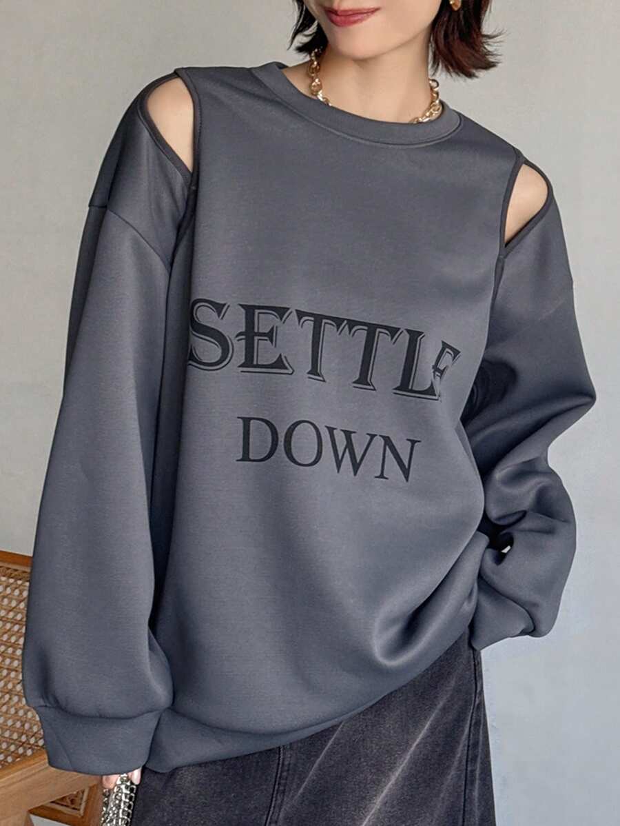 FRIFUL Women's Cutout Letter Thermal Lined Thick Sweatshirt Fall,Winter - Grey - View 1