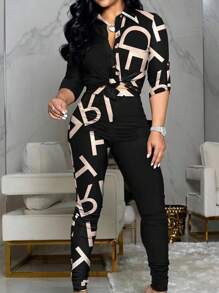 欧美秋冬字母迷彩印花拼布休闲开衫+裤子两件套 - 黑色 - 查看 1
