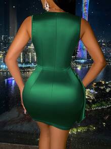 VaVaBold Ruffled Satin Asymmetrical Hem Dress Party Dress - Dark Green - View 2