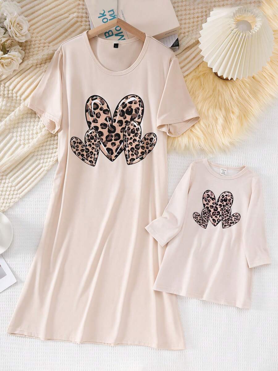 Baby Girls' Minimalist Cheetah Heart Print Long Sleeve Nightgown Loungewear, Champagne - Champagne - View 1