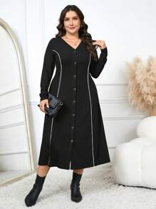 Modelyn Vestido de manga larga con escote en V, abotonadura delantera y adorno de color contrastante para tallas grandes - Negro - Ver 6