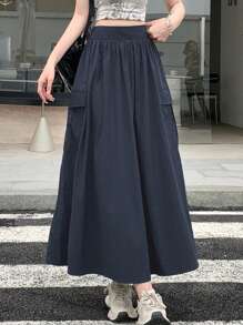 DAZY 女士纯色伞裙工作裙 - 藏蓝色 - 查看 4