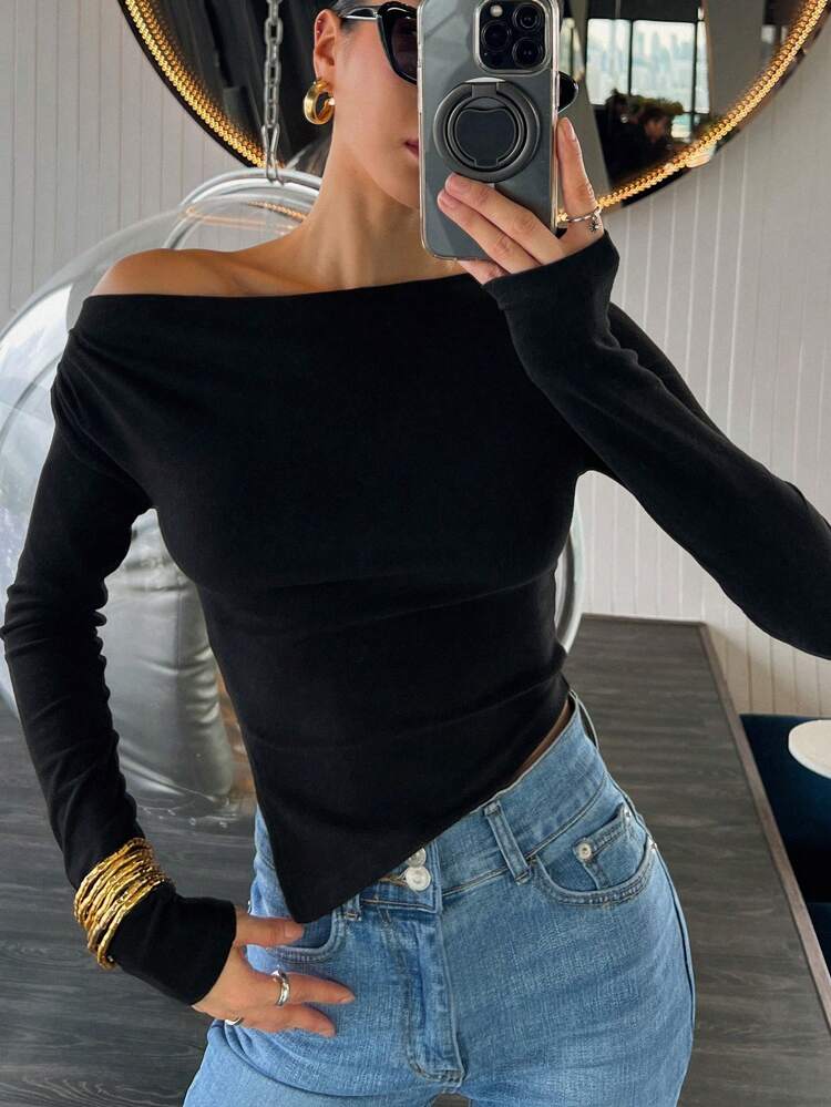 Women's Slim Asymmetrical Neck Solid Color Long Sleeve Casual T-Shirt Y2k,Fall Clothes