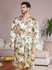 Manfinity ChillVibe Men's All-Over Print Tie Waist Long Sleeve Robe - Multicolor - View 3