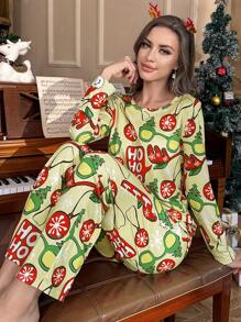 Christmas-Themed Cute All-Over Print Women Pajama Set - Multicolor - View 5
