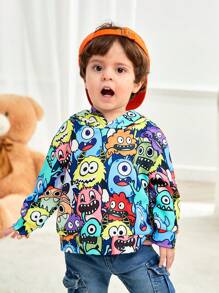 SHEIN Baby Boy Unisex Casual Cute Funny Monster Print Hooded Sweatshirt, Loose Fit, Suitable For Spring & Fall Wear, Suitable For Indoor And Outdoor