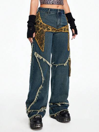 Grunge Punk Pantalon droit à patchwork en jean avec imprimé léopard et étoile