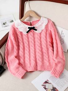 SHEIN 女童花边领毛衣，粉色和白色拼色，秋冬季甜美风格 - 粉色 - 查看 1