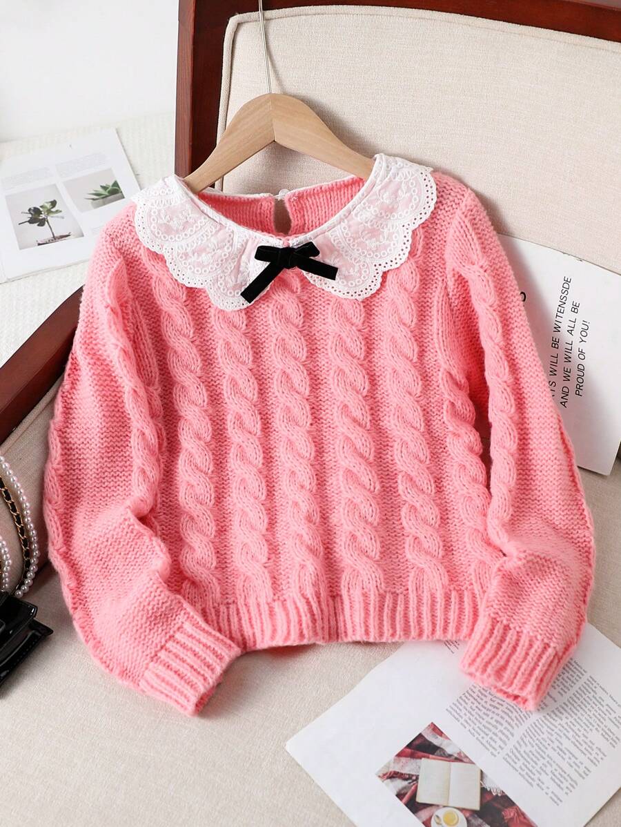 SHEIN 女童花边领毛衣,粉色和白色拼色,秋冬季甜美风格 - 粉色 - 查看 1