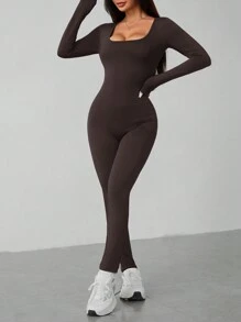 SHEIN PETITE Spring Scoop Neck  Long Sleeve Jumpsuit - Brown - View 4