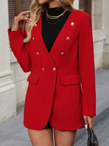 SHEIN Clasi Blazer rojo sin cuello de moda para mujer para otoño e invierno - Rojo - Ver 5
