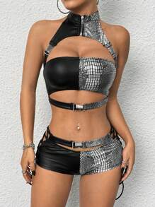 SHEIN ICON 2 chiếc áo crop top hở lưng màu tối theo phong cách Gothic và quần short mini trang trí dây đeo chéo cạp siêu thấp - Bạc - Xem 3