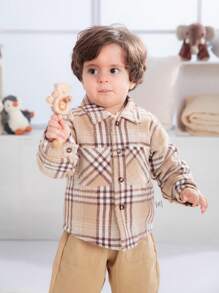 SHEIN Áo khoác in họa tiết caro dài tay cài nút túi trước cho bé trai - Màu Khaki - Xem 4