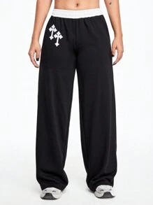 ROMWE Grunge Punk Y2K Ultra Low Waist Cross Embroidered Sweatpants