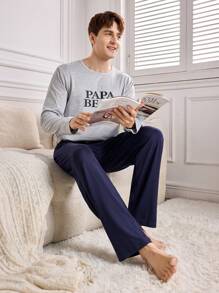 2pcs Men Letter Print Crew Neck Long Sleeve Top And Pants Loungewear Set - Light Grey - View 7