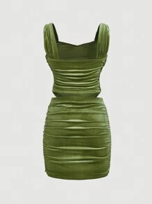 SHEIN MOD 2 piezas Conjunto de camisolas de tiras anchas fruncidas de terciopelo verde oscuro vintage para mujer talla grande
