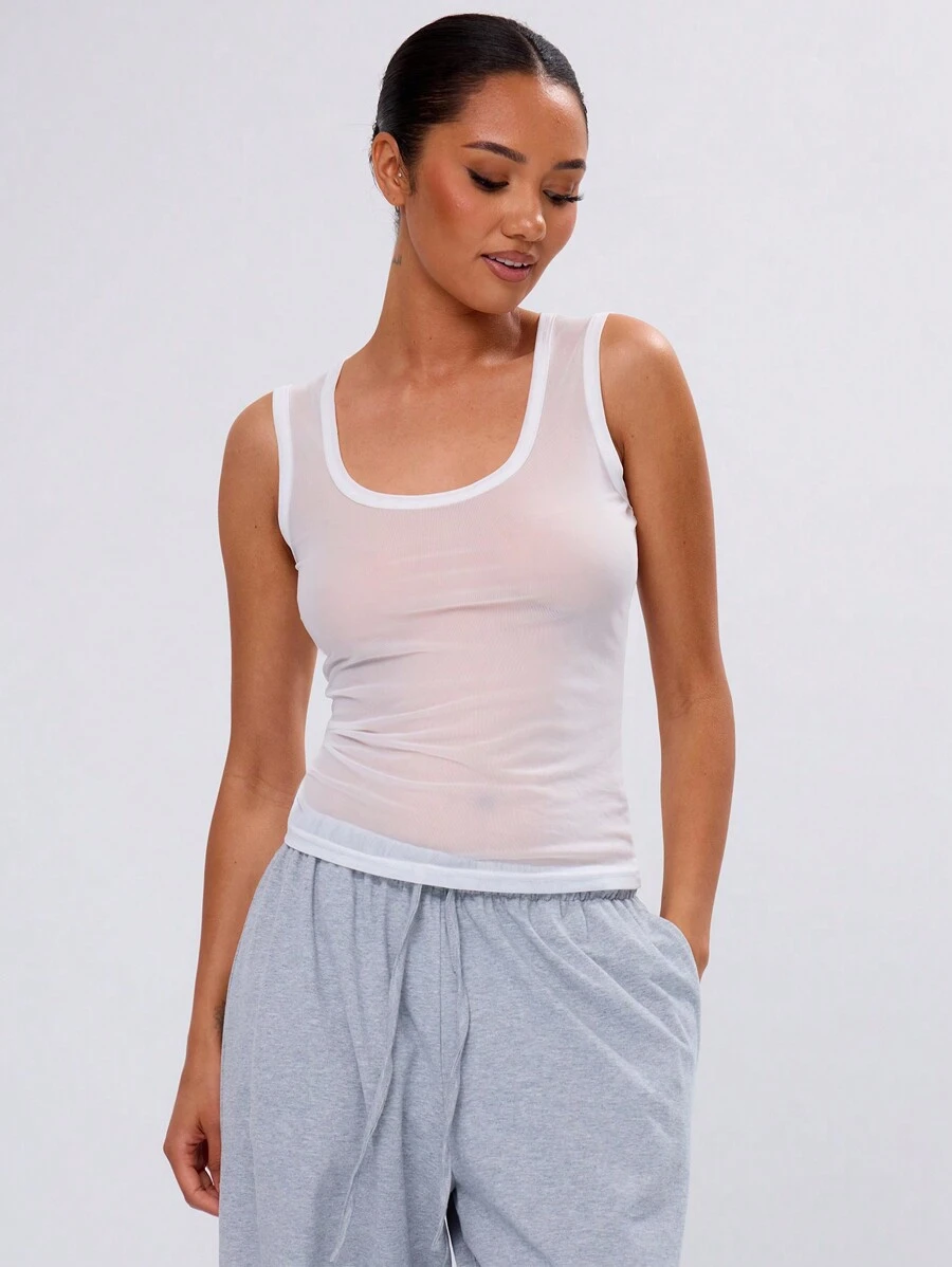 MUSERA White Mesh Fitted Tank Top Casual Vacation Ibiza Beach Holiday Rave Festival Western Sexy Going Out Top  Fall