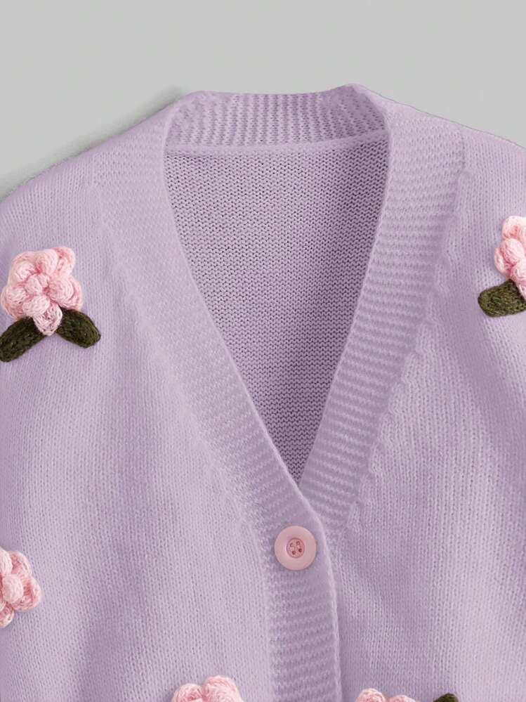 ROMWE Kawaii Women's Casual Floral Embellished Front Button Long Sleeve Cardigan - Mauve Purple - View 4
