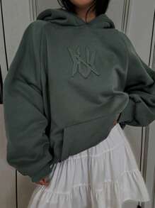 DAZY 女士针织羊毛面料细节照片、家居服、室内/家居主镜头、展现环绕效果的环绕式款式、贴花连帽运动衫秋冬 - 綠色 - 查看 3