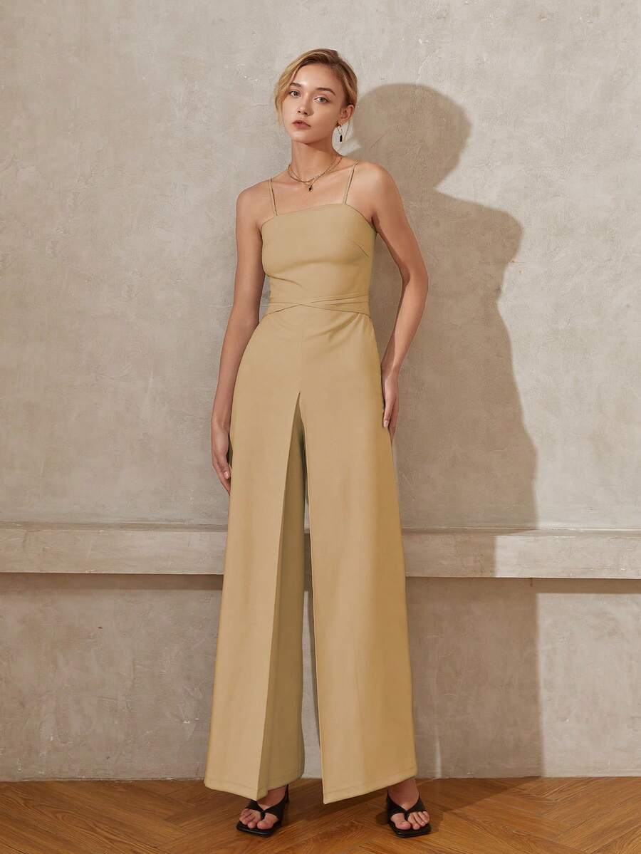 SHEIN Black Friday x Star Picks 女士纯色优雅阔腿连体裤，春夏秋季 - 卡其色 - 查看 1