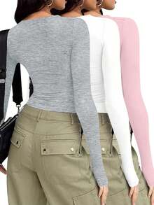 3pcs/Set Women Crew Neck Long Sleeve Basic Solid Color T-Shirt, Fitted Casual Pullover Tops, Spring & Autumn - Multicolor - View 4