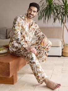 Manfinity ChillVibe 2pcs Men's All-Over Print Button Front Long Sleeve Top And Pants Pajama Set - Multicolor - View 1