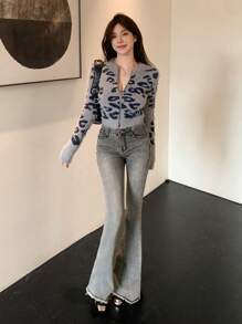 DAZY 女士秋冬豹纹拉链开衫披肩、长袖上衣、秋季女装 - 霧霾藍 - 查看 2