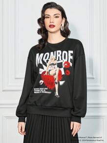 Marilyn Monroe X SHEIN Women's Casual Figure & Slogan Print Loose Relaxed Fit Black Sweatshirt, Spring Autumn - Black - View 3