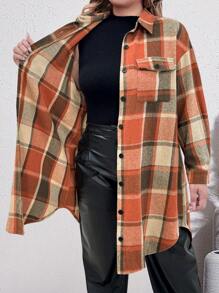 SHEIN LUNE Plus Size Women Plaid Print Front Button Pocket Long Sleeve Dress, Fall Clothes