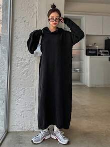 DAZY 女式纯色落肩长袖连帽超长毛衣连衣裙，秋冬 - 黑色 - 查看 2