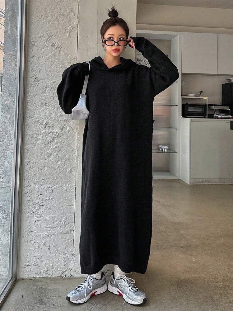 DAZY 女式纯色落肩长袖连帽超长毛衣连衣裙，秋冬 - 黑色 - 查看 2
