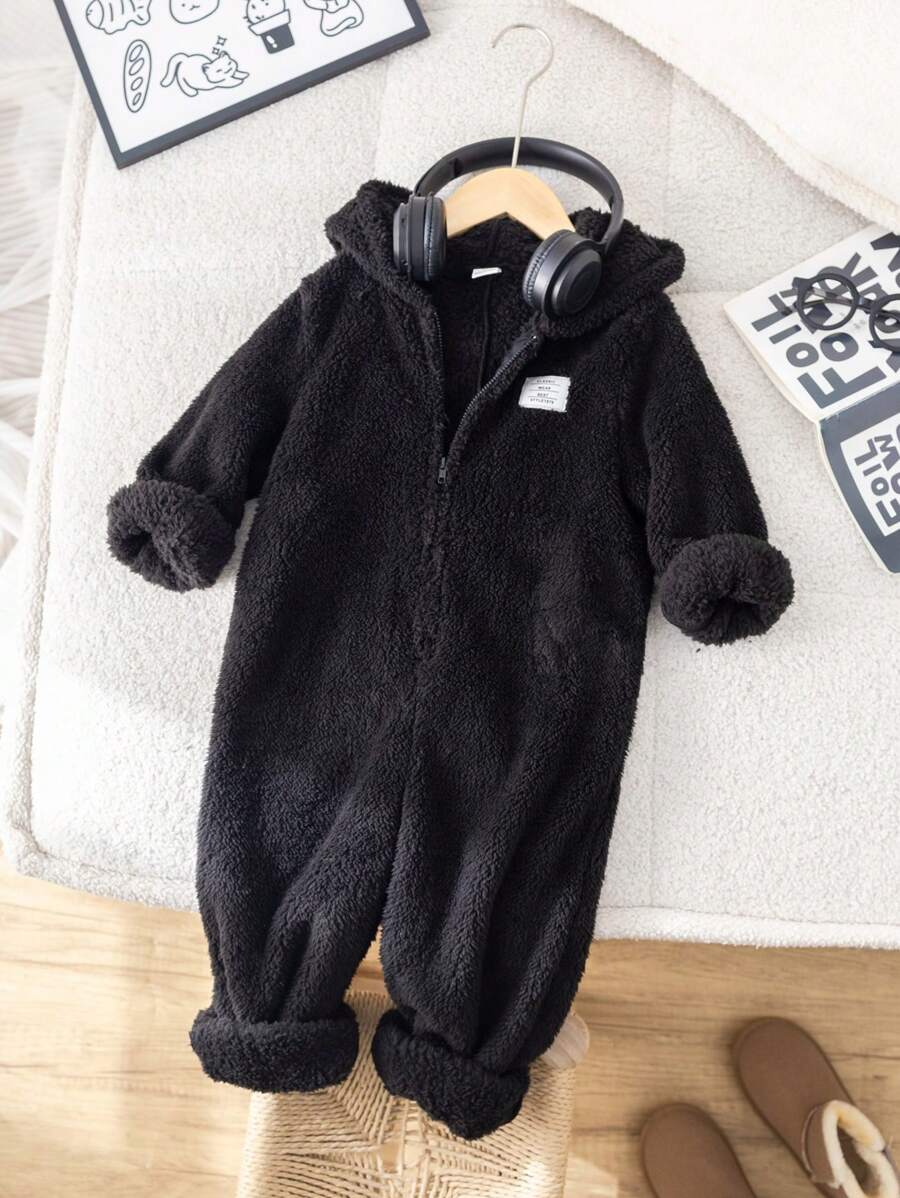 SHEIN Leap Crew 1 件装年轻男孩服装，加厚保暖内衬连帽连体裤，适合通勤、学校、休闲、学院风、学院风、基本款 - 黑色 - 查看 1