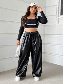 SHEIN EZwear 大码黑色 PU 抽绳休闲宽松裤 - 黑色 - 查看 4