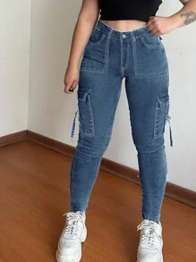 Women's Y2K Casual Skinny Cargo Jeans, Autumn - Medium Wash - View 2