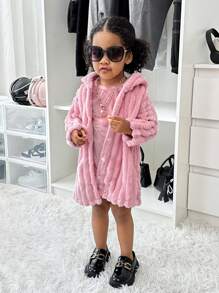SHEIN Explorewe 2pcs Baby Girls' Winter Solid Color Fluffy Hooded Jacket & Sleeveless Dress Set - Apricot - View 3