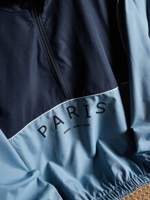 SHEIN 2 件青少年男童休闲深蓝色和浅蓝色拼色连帽衫运动衫和松紧袖口裤子套装，适合秋季、冬季、保暖、学校、休闲、日常、运动、生日派对、郊游、百搭和简约设计 - 藍色 - 查看 6