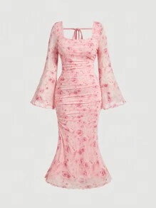 SHEIN MOD Plus Size Romantic Pink Floral Print Gathered Mesh Flare Sleeve Dress - Multicolor - View 1