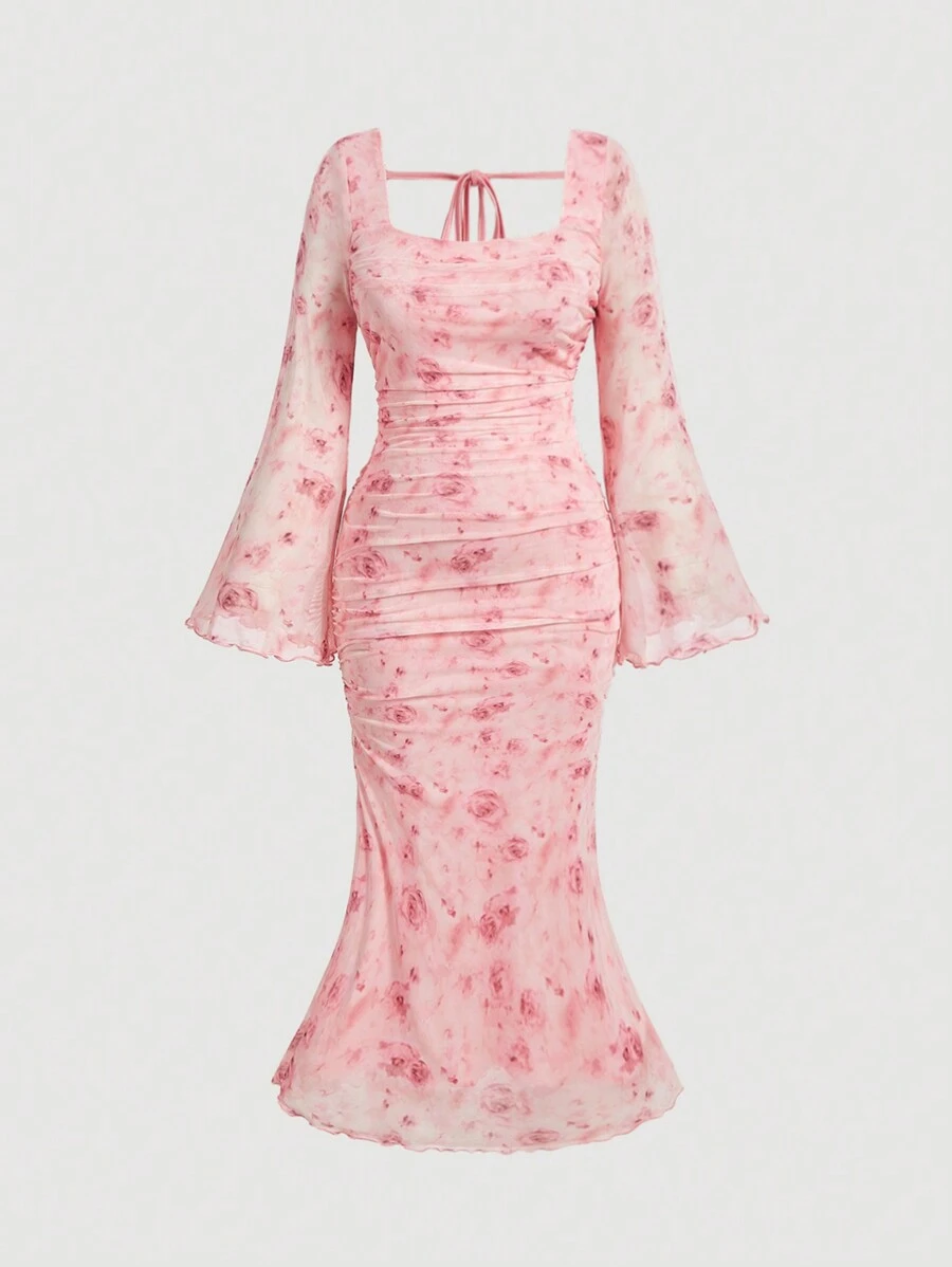 SHEIN MOD Plus Size Romantic Pink Floral Print Gathered Mesh Flare Sleeve Dress - Multicolor - View 1
