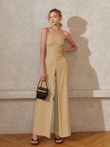 SHEIN Black Friday x Star Picks 女士纯色优雅阔腿连体裤，春夏秋季 - 卡其色 - 查看 4