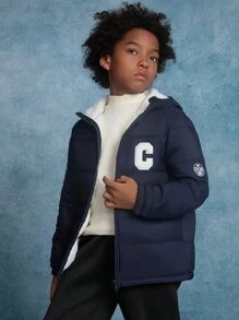 SHEIN Tween Boy Woven Monogram Print Round Patch Hooded Thick Warm Casual Jacket