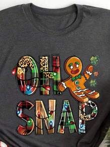 Chiquease 女士夏季休闲圣诞字母印花圆领短袖T恤图案上衣 - 深灰色 - 查看 3