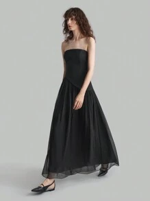 Ontre Váy chữ A trễ vai mới nhất mùa xuân 2025 dành cho nữ, Váy mặc hàng ngày và dự tiệc, Váy dài trễ vai chắp vá màu đen - màu đen - Xem 3