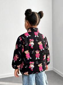 SHEIN Chaqueta de plumas con estampado de oso lindo para niñas, diseño adorable con estampado de oso de dibujos animados, colores ricos, amado por los niños, agrega un toque de diversión y moda, corte holgado para un uso cómodo y fácil de combinar, apropiado para actividades al aire libre en otoño e invierno